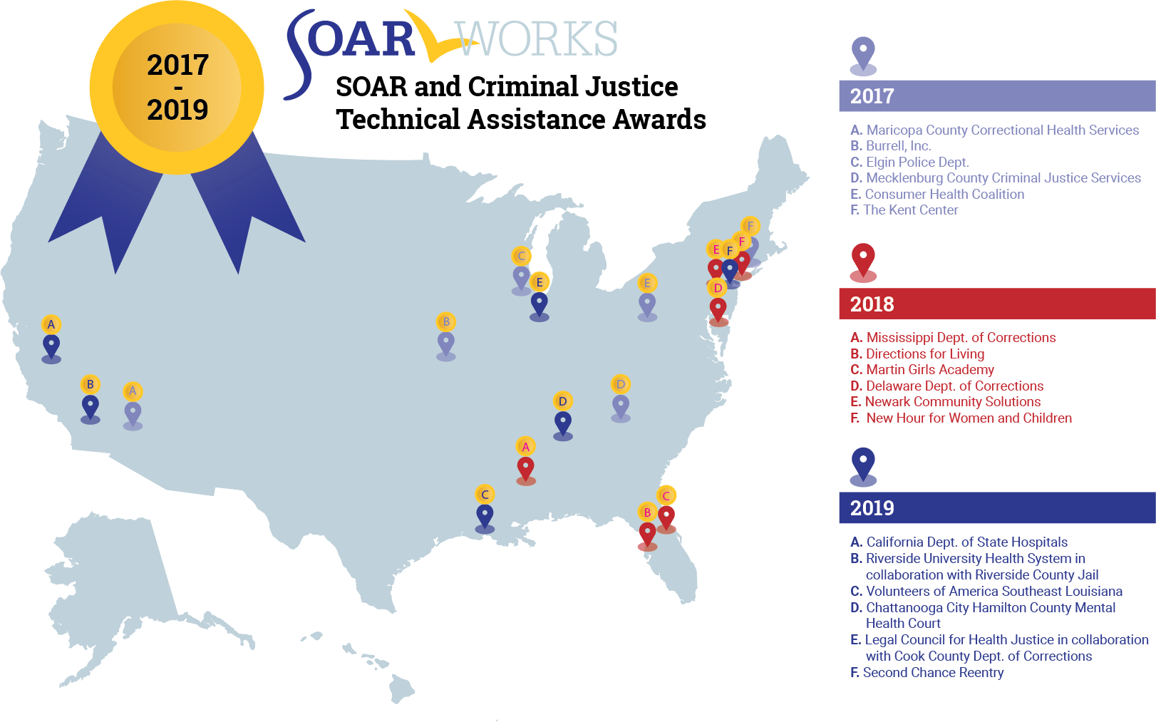 Image of U.S. Map with locations of TA Award